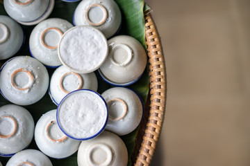 Thai Coconut Milk Custard (Khanom Thuai), Thai dessert style, ready to eat, top view with copy...