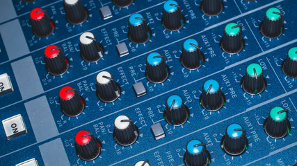 Modular synthesizer colorful buttons audio mixer, music equipment. recording studio gears,...