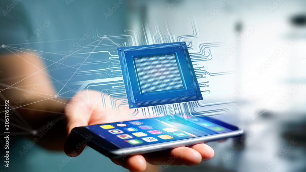 Poster businessman using a smartphone with a processor chip and network connection - 3d render