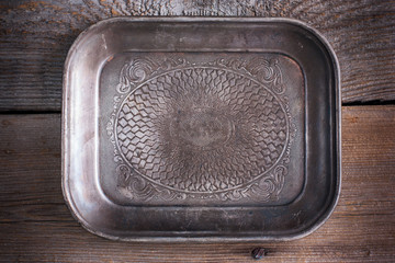 Vintage old metal tray, top view, background