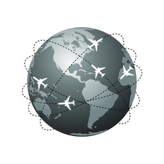 Aviation routes around the world as a symbol of global travel and business. Isolated planet Earth on white background with abstract airplane routes around it. Vector illustration