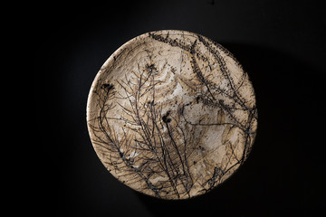 old plate, plate with a fingerprint of grass