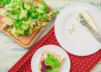 Vegetarian sandwich with salad and blue cheese on a wooden background. Healthy Diet