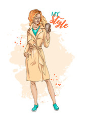 Beautiful fashionable girl with red hair in glasses, holding a glass of coffee. Stylish young woman posing. Fashion illustration. Vector. Hand drawn sketch.