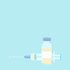 Plastic medical syringe with a needle and a glass vial for flu vaccine or collagen, botox, hualuronic acid. Vaccination and beauty treatment injection concept. Vector illustration.
