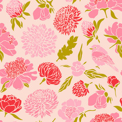 Seamless pattern with birds and flowers. Peony, chrysanthemum, clover, tulip. Vector illustration.