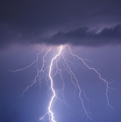 powerful lightning strikes over night sky