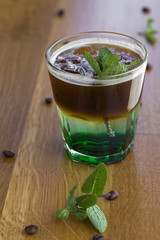 Cold coffee with mint leaves and ice cubes