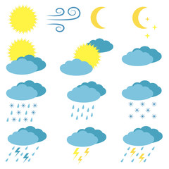 Weather vector icons set. Sun, cloudy, rainy, storm, wind icons