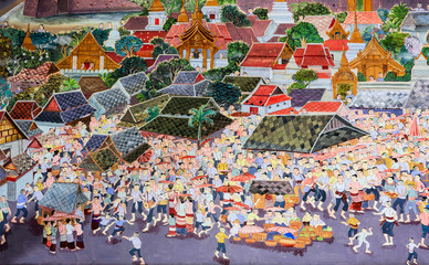 Native Thai painting of Buddhist festival on temple wall in Chiang Mai, Thailand