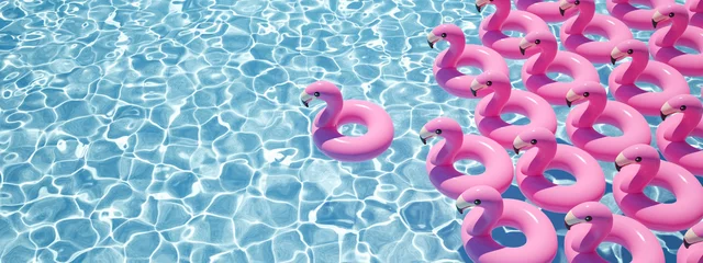 Fotobehang 3D-weergave. veel flamingo& 39 s drijven in een zwembad © 2mmedia
