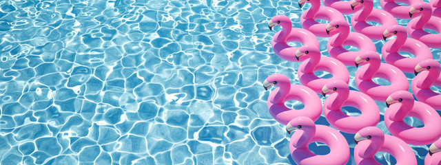 3D rendering. a lot of flamingo floats in a pool - obrazy, fototapety, plakaty