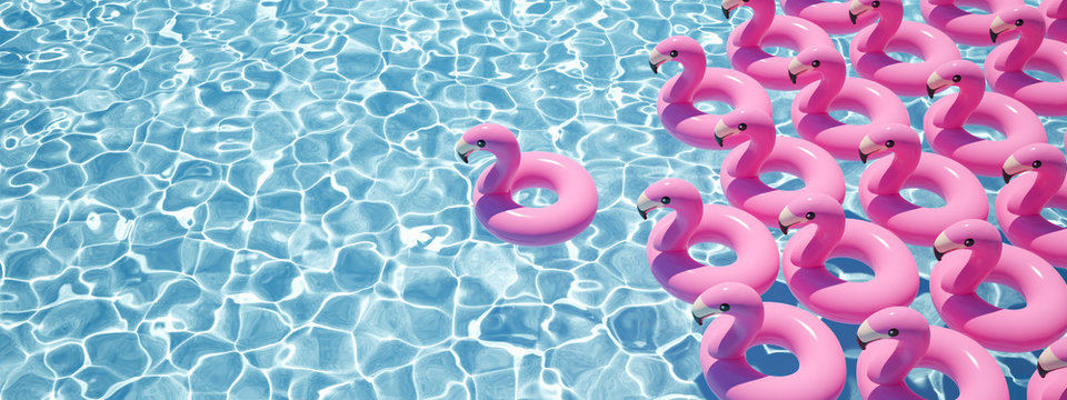 3D rendering. a lot of flamingo floats in a pool