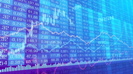 Table and bar graph of cryptocurrency stock exchange market indices concept. Abstract currency rate chart purple background.