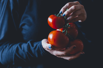 Woman holds a tomatoes in hands