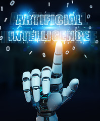 White cyborg hand using digital artificial intelligence text hologram 3D rendering