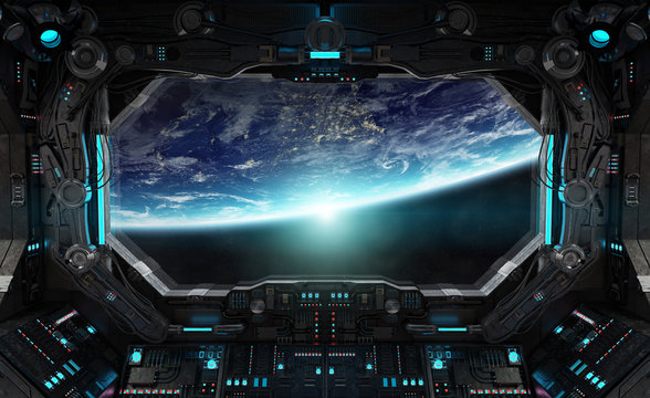 Fototapeta Spaceship grunge interior with view on planet Earth