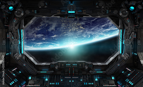 Spaceship Grunge Interior With View On Planet Earth