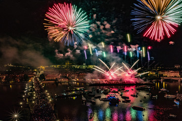 Firework in Prague during St. John Navalis 2018, spectacular performance on the Vltava river.