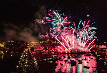 Firework in Prague during St. John Navalis 2018, spectacular performance on the Vltava river.