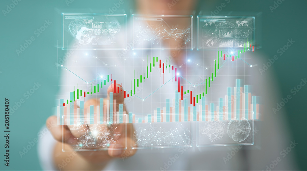 Poster Businessman using 3D rendering stock exchange datas and charts