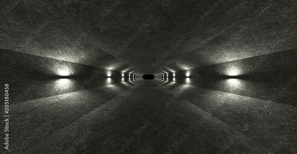 Poster empty space with concrete walls and lamps on the walls spreading soft diffused light up and down. 3d