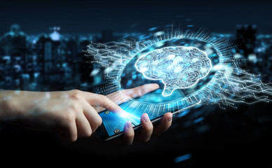 Businessman using digital artificial intelligence icon hologram 3D rendering