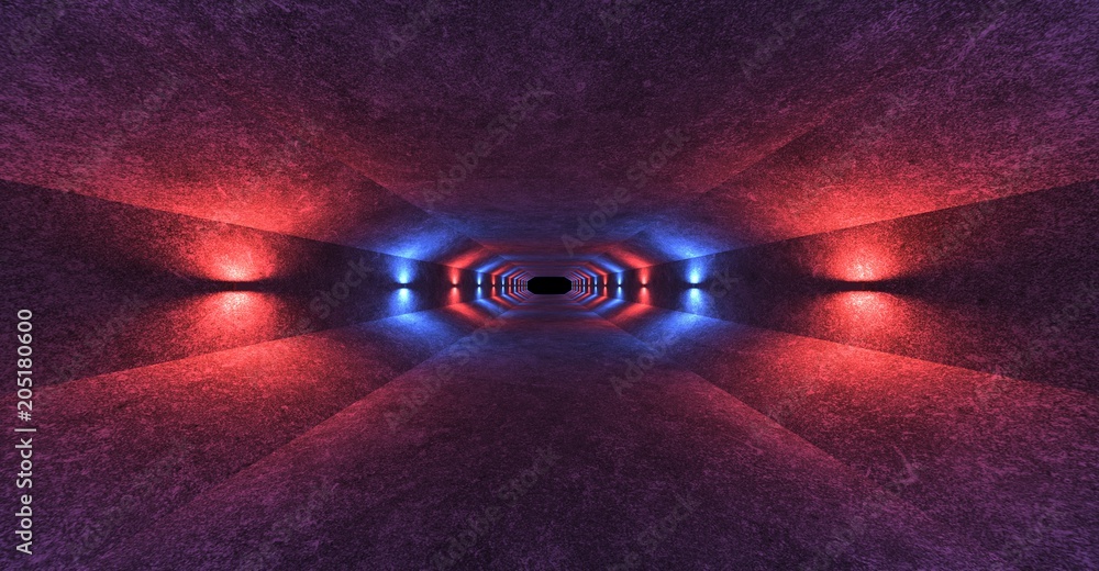Poster empty space with concrete walls and lamps on the walls spreading soft diffused red and blue light up