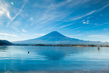 Naklejka premium fuji japan,fuji mountain at kawaguchiko lake snow landscape,Japan highest mountain,Fujisan mountain reflection on water with sunrise landscape, panorama view