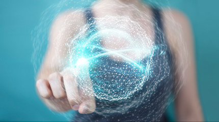 Businesswoman using digital network connection sphere 3D rendering