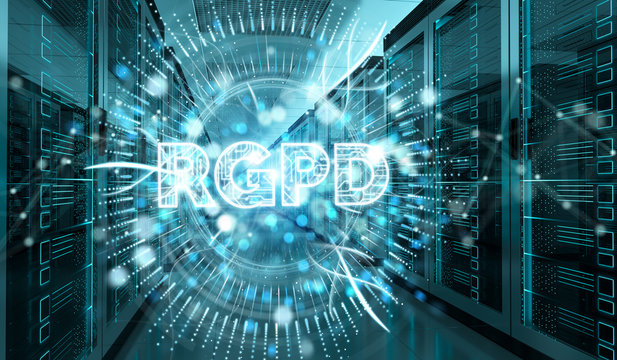 Digital GDPR interface in server room 3D rendering