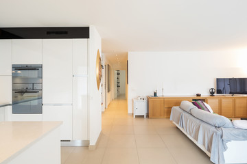 Living room with sofas, table with chairs to eat and a modern kitchen