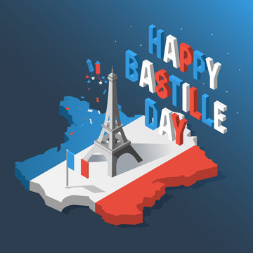 Bastille Day, Independence Day of France, symbols. French flag and map icons set in 3d style.