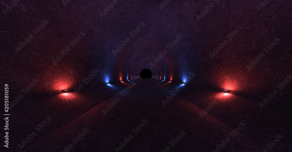 Poster empty space with concrete walls and lamps on the walls spreading soft diffused red and blue light up
