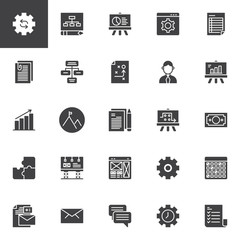 Startup and new business vector icons set, modern solid symbol collection, filled style pictogram pack. Signs, logo illustration. Set includes icons as Settings, Planning, Report, Development, Invoice
