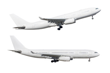 Airplane in two configurations, taxiing and take off isolated on white background.