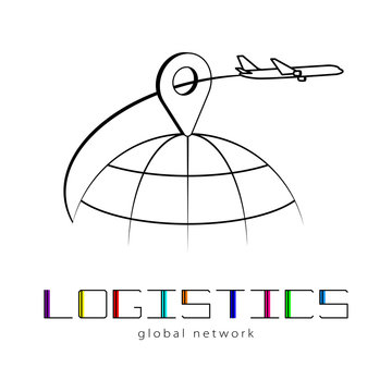 Global logistics network. Map global logistics partnership connection. Airplane connections network concept and colorful lettering.  The plane flies through the location sign. 