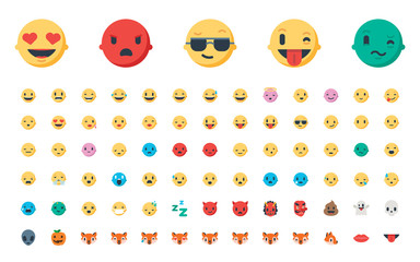 Face emojis, emoticons, stickers, emotions flat vector illustration symbols. Faces, feelings, shy, embarrassed, smile, mood, joke, lol, laugh, cry, happy, smileys icons set, collection
