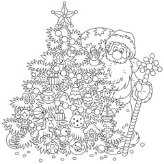 Santa Claus with his gift bag and a magical staff looking out from behind a decorated Christmas tree, black and white vector illustration in a cartoon style for a coloring book