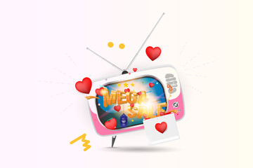 Mega sale of 25% off. The concept for big discounts with voluminous text, a retro TV and red hearts on a light background with light effects. Flat vector illustration EPS10