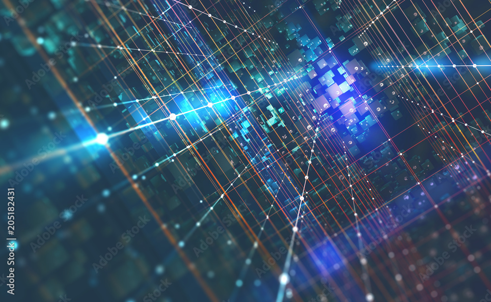 Poster Abstract tech background 3D illustration. Quantum computer architecture. Futuristic technologies in global communication network