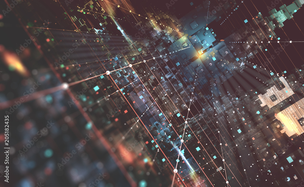 Leinwandbilder Abstract tech background 3D illustration. Quantum computer architecture. Fantastic night city. Futuristic technologies in global communication network