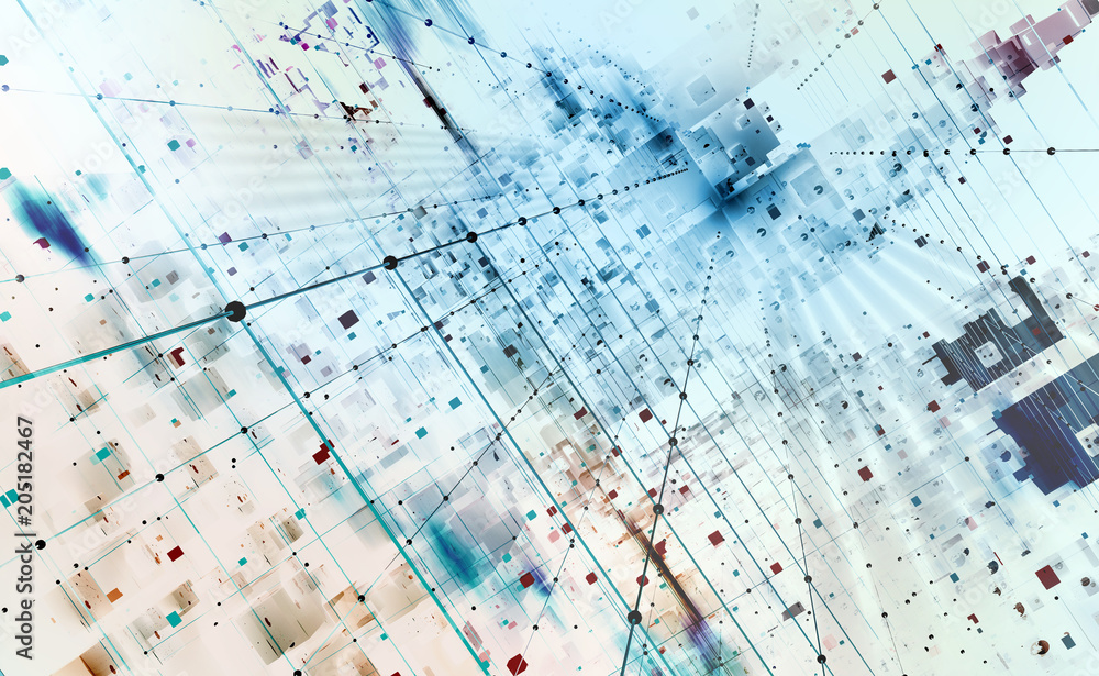 Leinwandbilder Abstract tech background 3D illustration. Quantum computer architecture. Futuristic technologies in global communication network