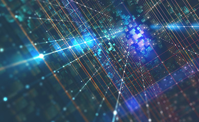Abstract tech background 3D illustration. Quantum computer architecture. Futuristic technologies in global communication network