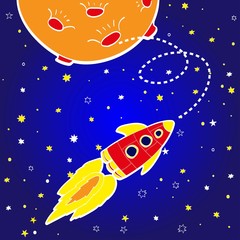 Cartoon rocket on space background, vector illustration.
