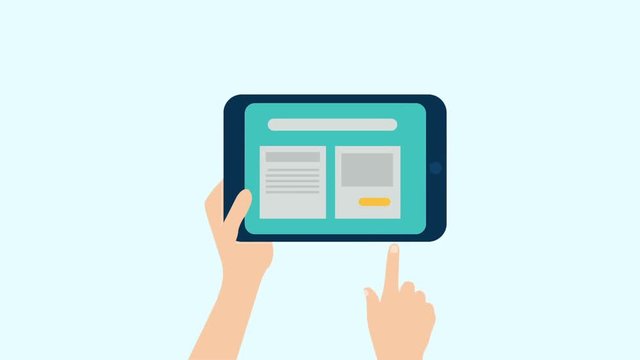 Flat hands holding teblet and press on screen motion video.
