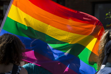 People with rainbows flags in the annual Gay Pride Parade as it passes through Greenwich Village.