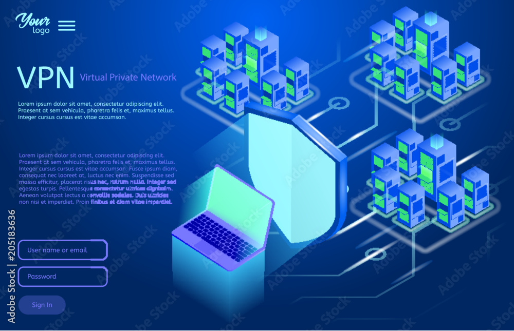 Poster secure vpn connection concept. isometric vector illustration in ultraviolet colors. virtual private 