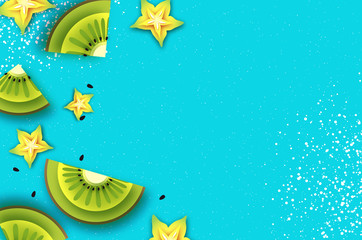Slice of kiwi and carambola. Top view. Kiwi and Starfruit Super Summer in paper cut style. Origami juicy ripe green yellow slices. Healthy food on blue. Summertime.