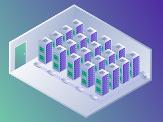 Data center and cloud computing concept. Web page design for website. Technology cloud 3d isometric vector illustration